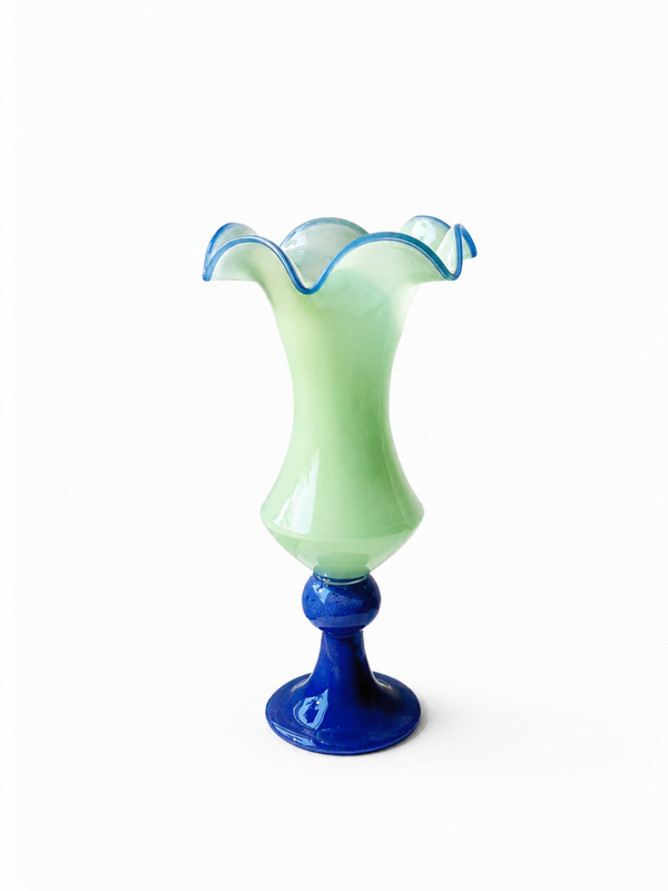 Ruffled Edge Glass Vase with Blue Pedestal Base