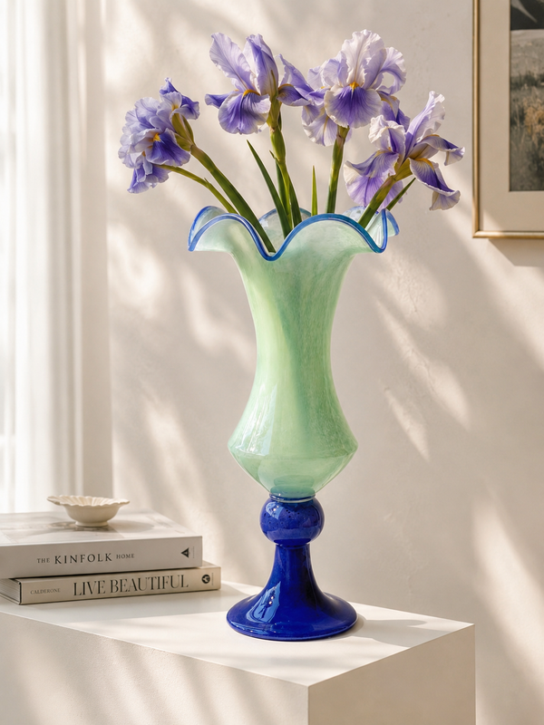 Ruffled Edge Glass Vase with Blue Pedestal Base