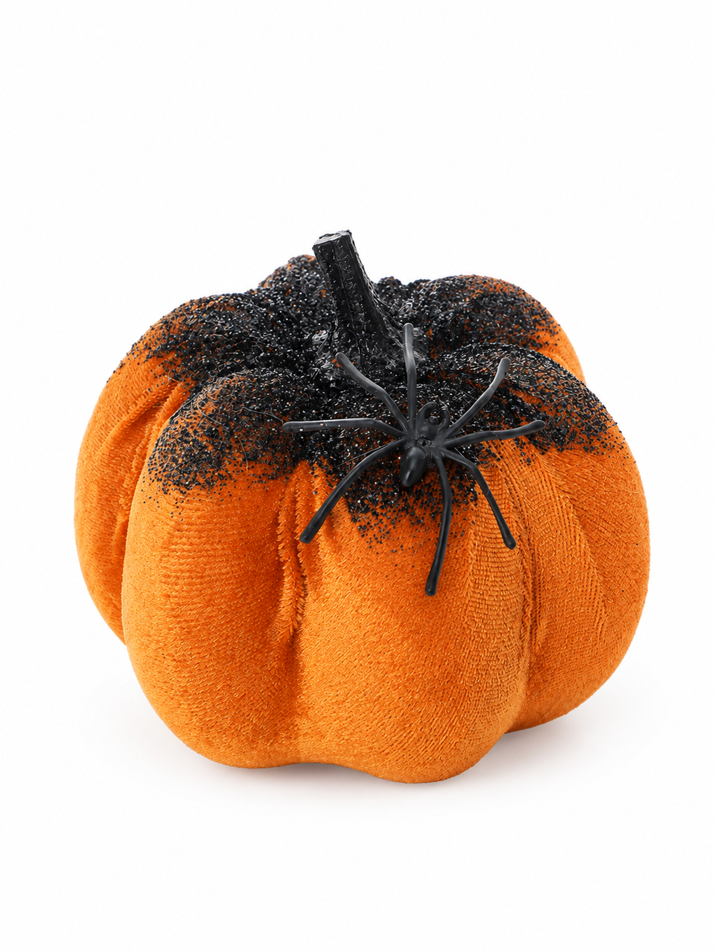 Glitter Velvet Pumpkin with Spider Ornament – Gothic Halloween Tabletop Decoration & Spooky Home Accent