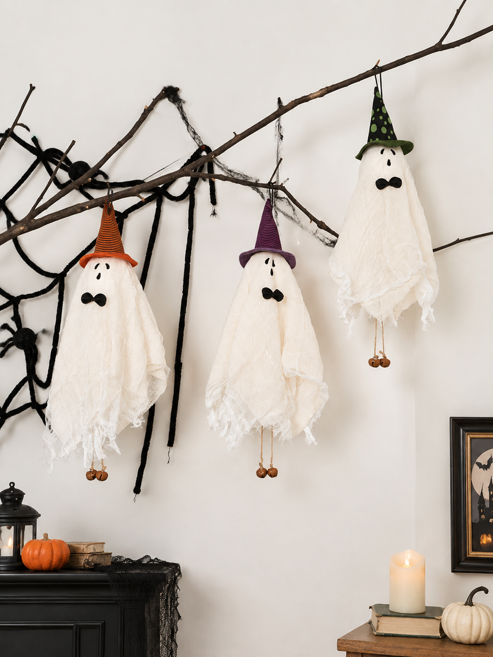Hanging Halloween Ghost Decorations with Witch Hats & Jingle Bells – Set of 3 Cute Spooky Fabric Hanging Pendant Ornaments