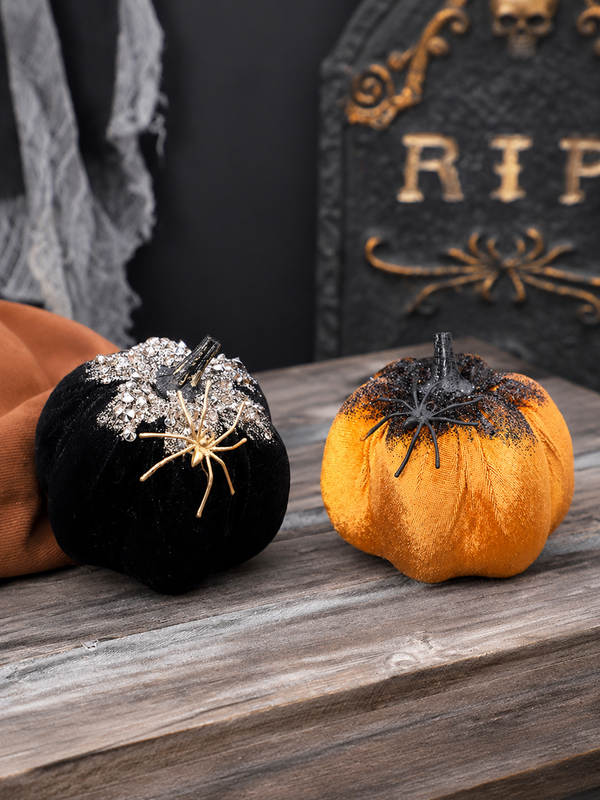 Glitter Velvet Pumpkin with Spider Ornament – Gothic Halloween Tabletop Decoration & Spooky Home Accent