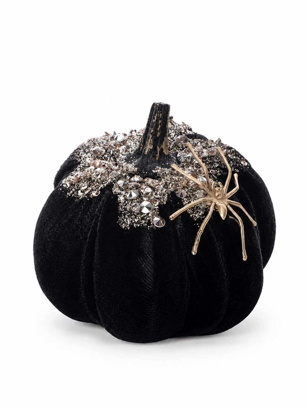 Glitter Velvet Pumpkin with Spider Ornament – Gothic Halloween Tabletop Decoration & Spooky Home Accent
