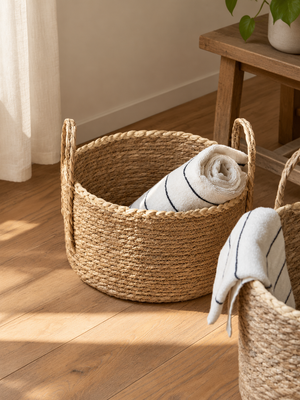Handwoven Seagrass Storage Baskets with Handles (Set of 2) – Natural Woven Laundry & Plant Basket, Decorative Organizer for Toys, Blankets & Home Decor