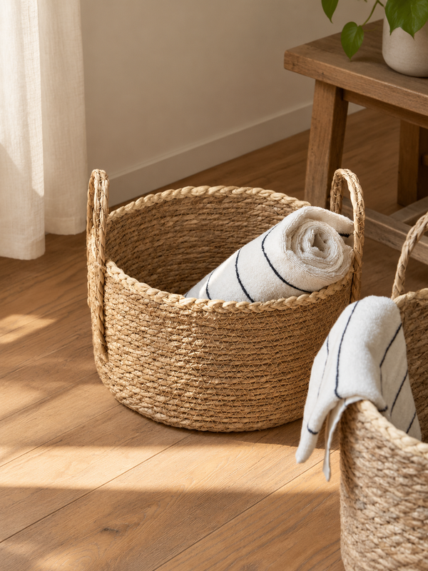 Handwoven Seagrass Storage Baskets with Handles (Set of 2) – Natural Woven Laundry & Plant Basket, Decorative Organizer for Toys, Blankets & Home Decor
