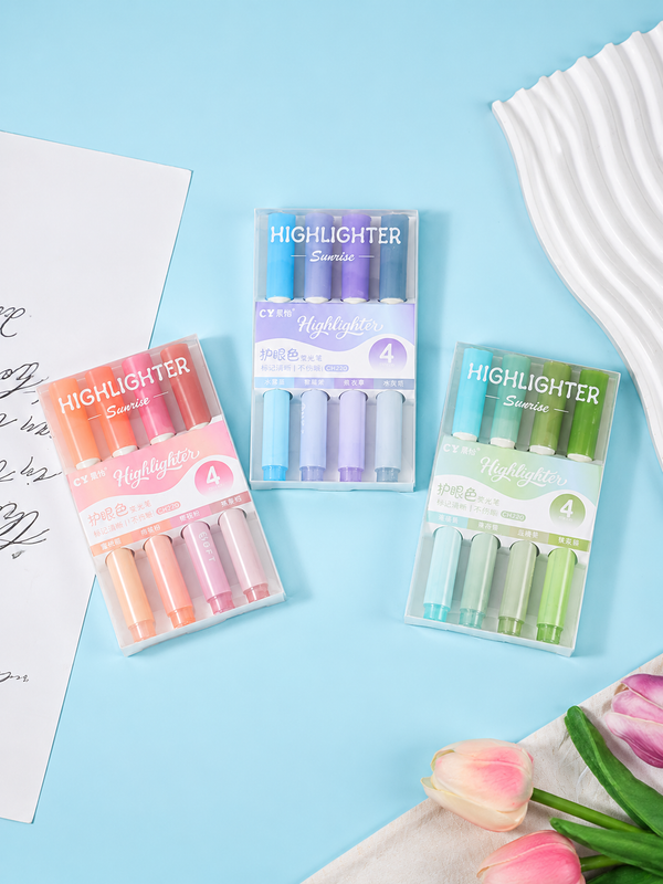 Gradient Aesthetic Pastel Highlighters (4 Pack)– Eye-Care Soft Mild Color Chisel Tip Marker Pens