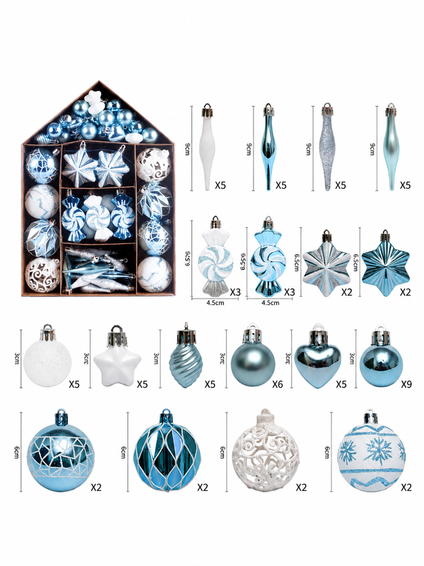 Blue & White Christmas Baubles Set – Shatterproof Xmas Tree Baubles Kit with Finials, Stars & Sweet Ornaments