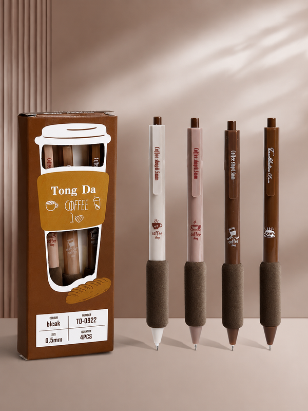 Coffee Aesthetic Gel Pen Set (4 Pack) – 0.5mm ST Tip Retractable Black Ink Pens with Ultra-Soft Sponge Grip