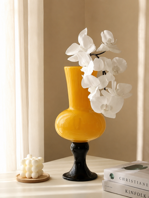 Hand-Blown Bubble Glass Vase with Black Pedestal
