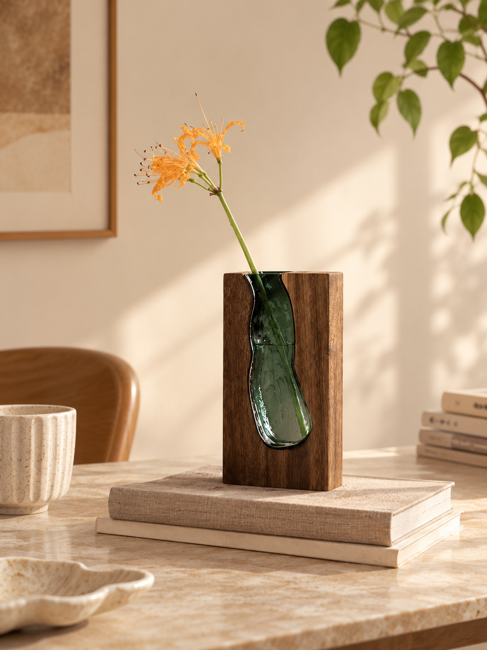 Sculptural Wooden & Glass Vase
