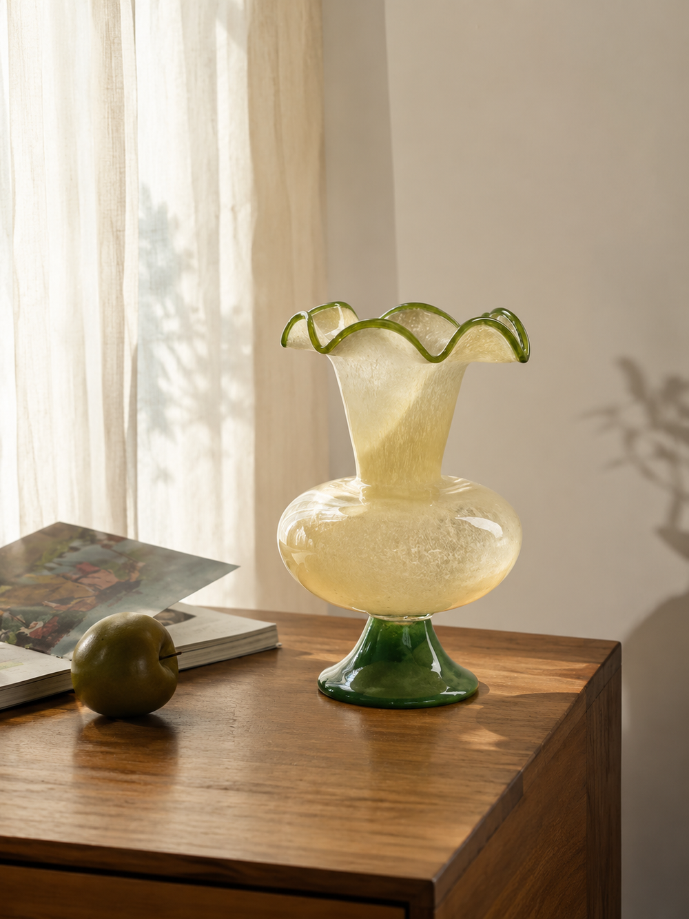 Wavy Green Glass Pedestal Vase