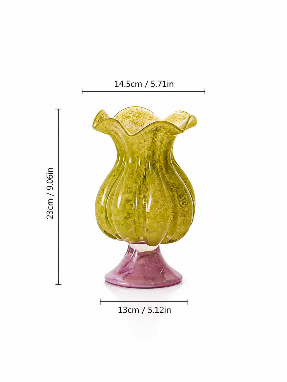 Ruffled Rim Ribbed Glass Vase with Lavender Pedestal