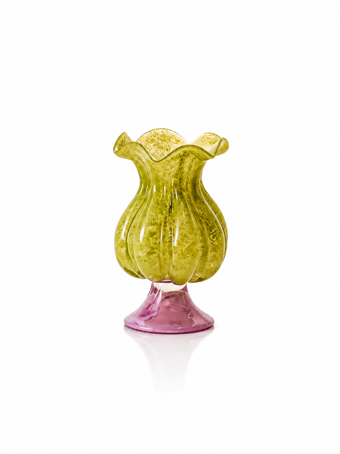 Ruffled Rim Ribbed Glass Vase with Lavender Pedestal