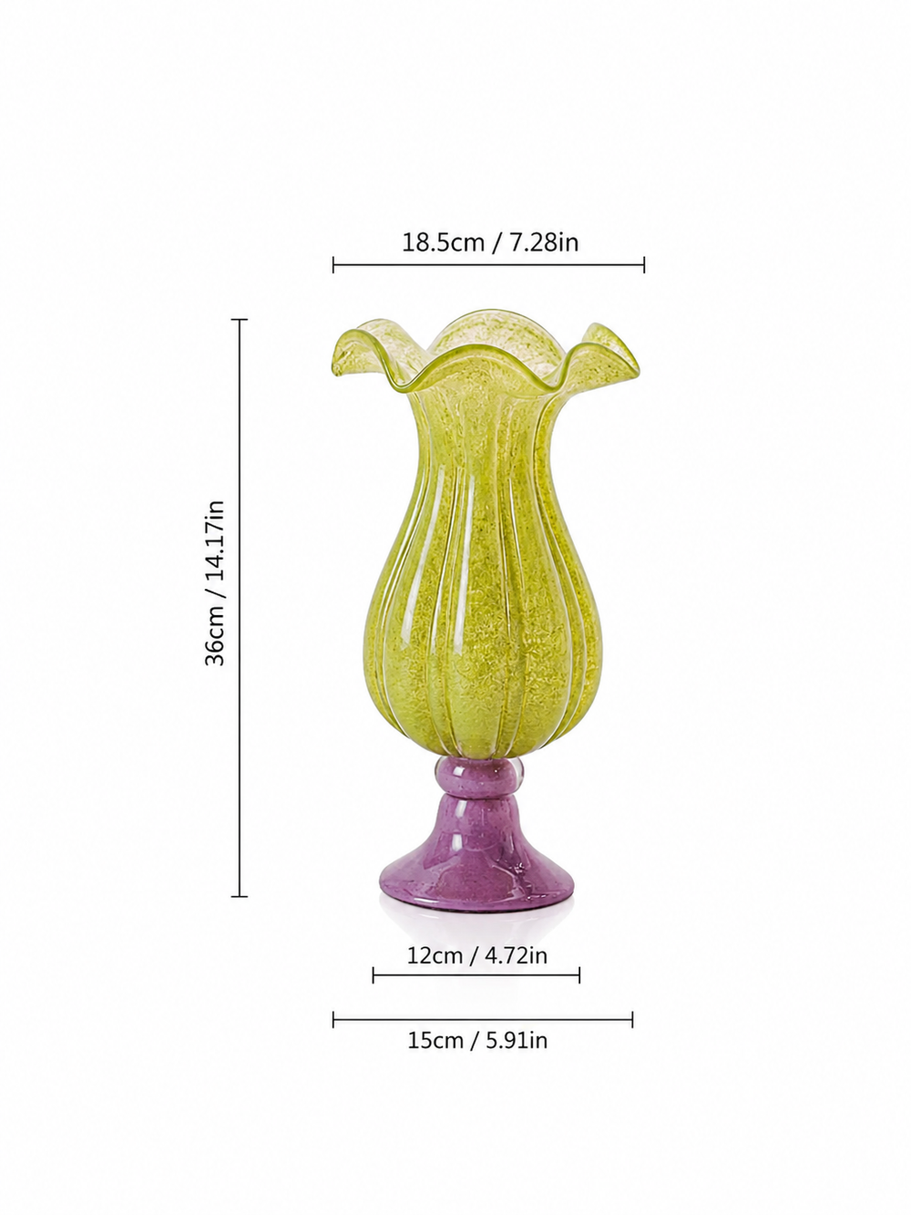 Ruffled Rim Ribbed Glass Vase with Lavender Pedestal