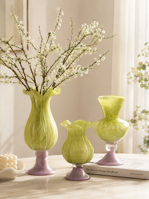 Ruffled Rim Ribbed Glass Vase with Lavender Pedestal