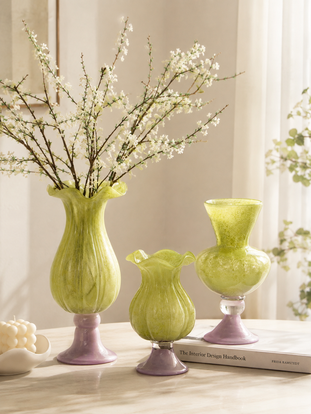 Ruffled Rim Ribbed Glass Vase with Lavender Pedestal