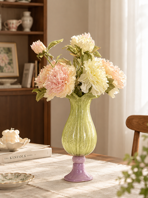Ruffled Rim Ribbed Glass Vase with Lavender Pedestal