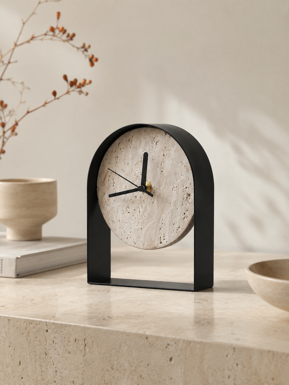 Black Travertine Mantel Clock | Natural Stone Arch Table Clock