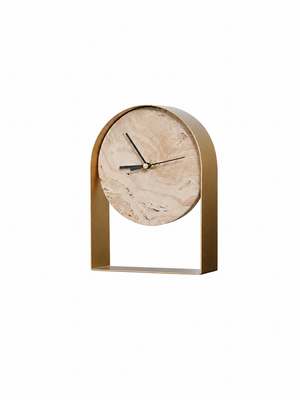 Travertine Stone Table Clock with Brass Arch Frame