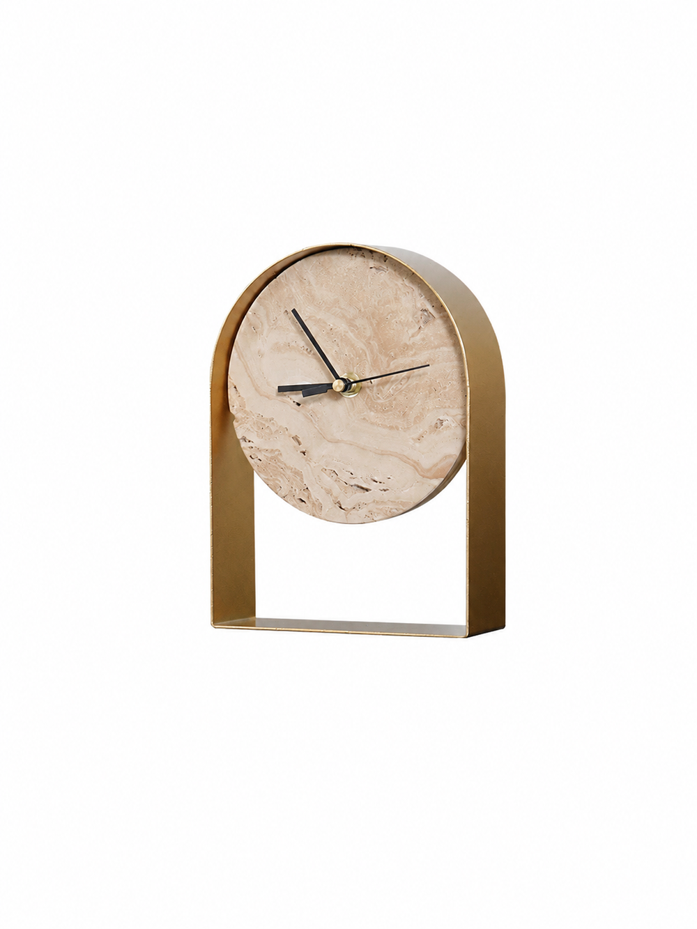 Travertine Stone Table Clock with Brass Arch Frame