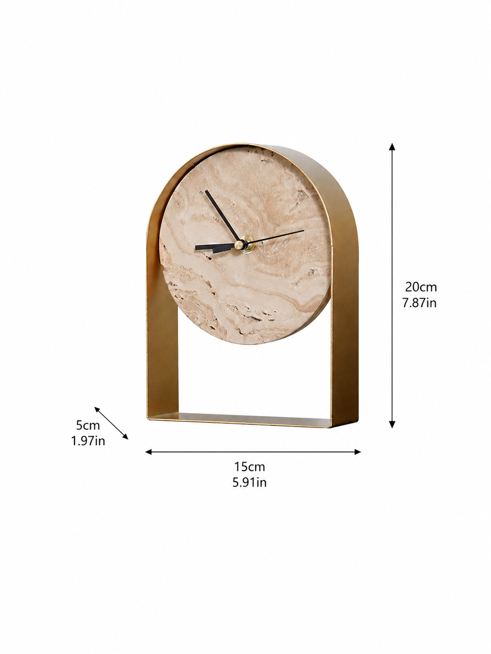 Travertine Stone Table Clock with Brass Arch Frame