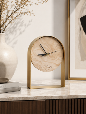 Travertine Stone Table Clock with Brass Arch Frame