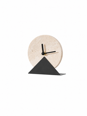 Natural Travertine Table Clock with Geometric Black Stand