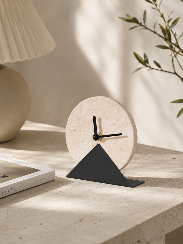 Natural Travertine Table Clock with Geometric Black Stand