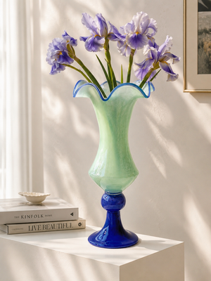 Ruffled Edge Glass Vase with Blue Pedestal Base