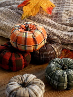 Fabric Plaid Harvest Pumpkins Set – Artificial Cloth Pumpkins with Resin Stems, Rustic Farmhouse Autumn & Thanksgiving Table Centerpiece Decor for Halloween
