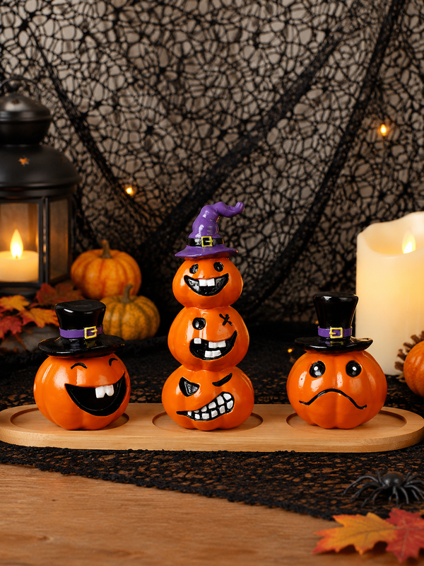 Spooky & Funny Halloween Pumpkin Resin Figurines Set – Stacked Jack-o'-Lantern Statues with Witch & Top Hats, Quirky Halloween Tabletop Decor for Home & Party