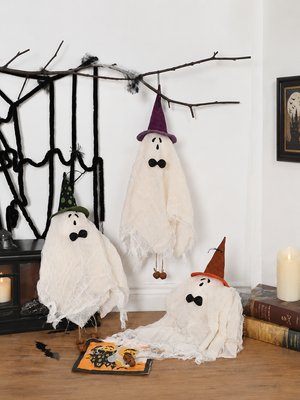 Hanging Halloween Ghost Decorations with Witch Hats & Jingle Bells – Set of 3 Cute Spooky Fabric Hanging Pendant Ornaments