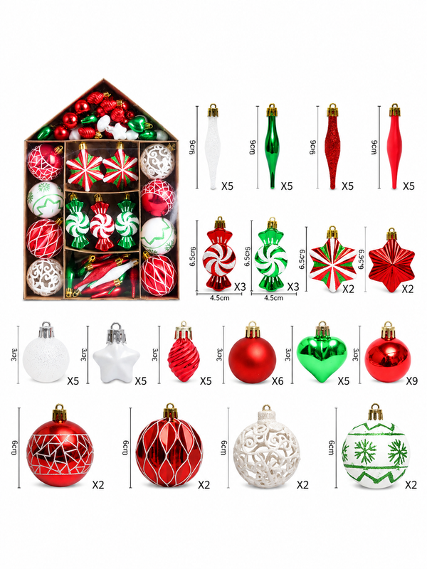 73-Piece Red, Green & White Christmas Tree Bauble & Decoration Set – Shatterproof Festive Ornaments Box