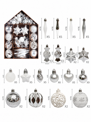 73-Piece Silver & White Christmas Bauble Set – Shatterproof Tree Baubles, Icicles, Stars & Candy Hanging Decorations
