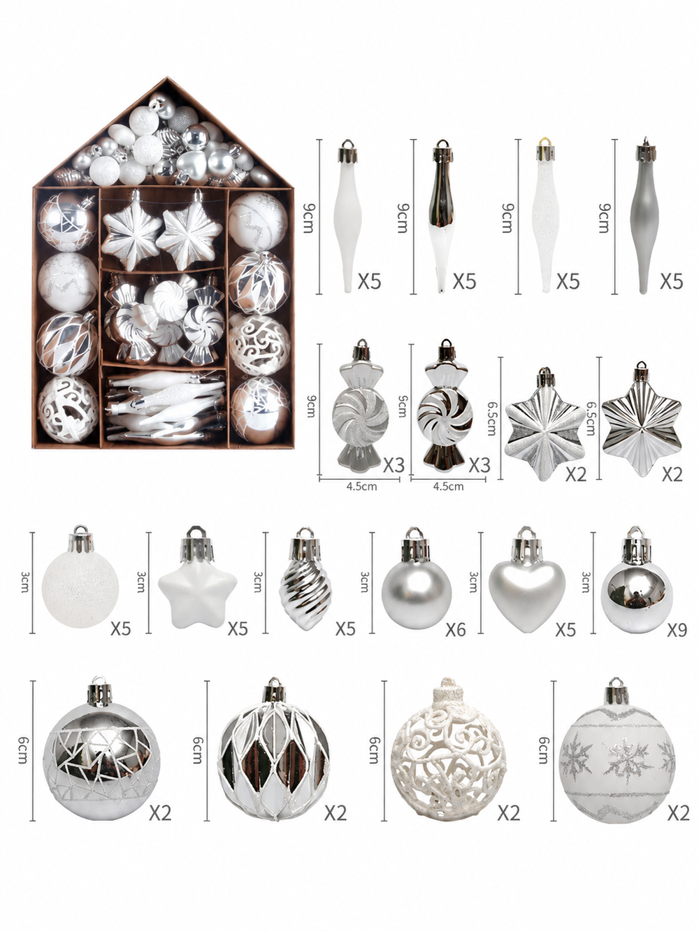73-Piece Silver & White Christmas Bauble Set – Shatterproof Tree Baubles, Icicles, Stars & Candy Hanging Decorations