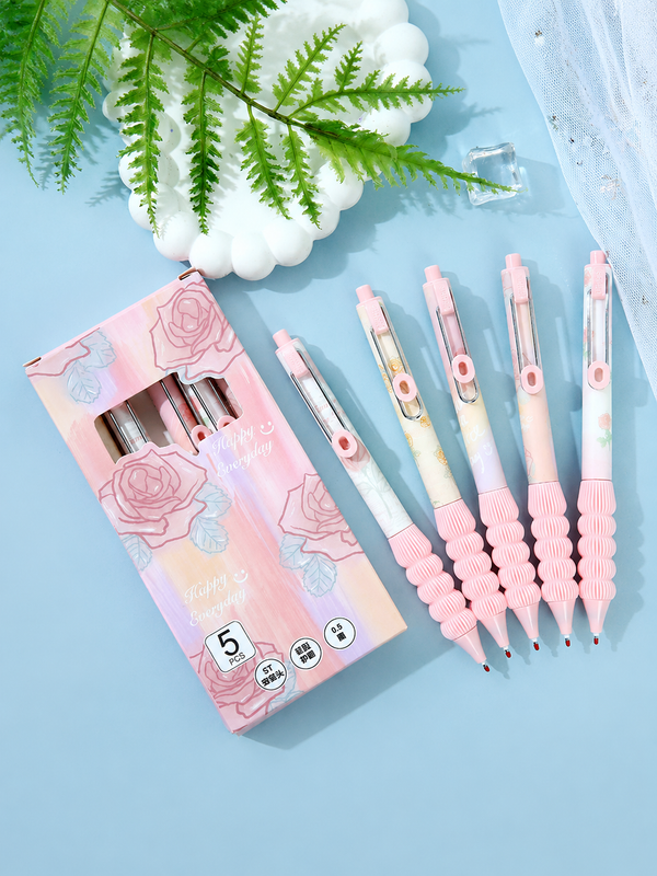 Pink Floral Aesthetic Gel Pens (5 Pcs Set)