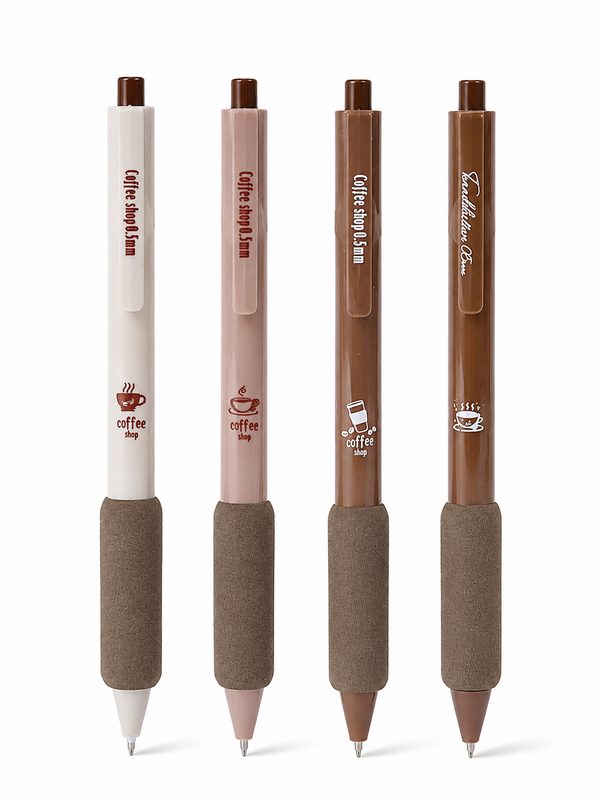 Coffee Aesthetic Gel Pen Set (4 Pack) – 0.5mm ST Tip Retractable Black Ink Pens with Ultra-Soft Sponge Grip