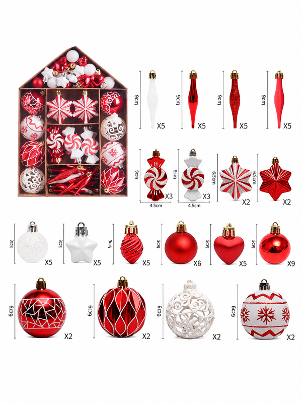 73-Piece Red & White Christmas Tree Bauble Set – Shatterproof Holiday Baubles, Icicles & Candy Hanging Ornaments Pack