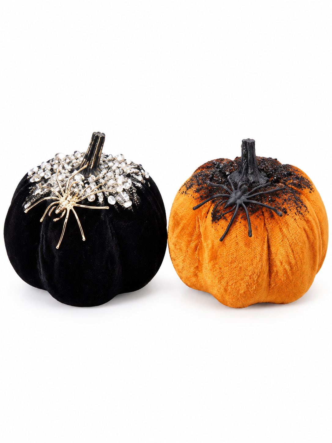 Glitter Velvet Pumpkin with Spider Ornament – Gothic Halloween Tabletop Decoration & Spooky Home Accent