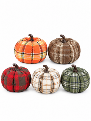 Fabric Plaid Harvest Pumpkins Set – Artificial Cloth Pumpkins with Resin Stems, Rustic Farmhouse Autumn & Thanksgiving Table Centerpiece Decor for Halloween