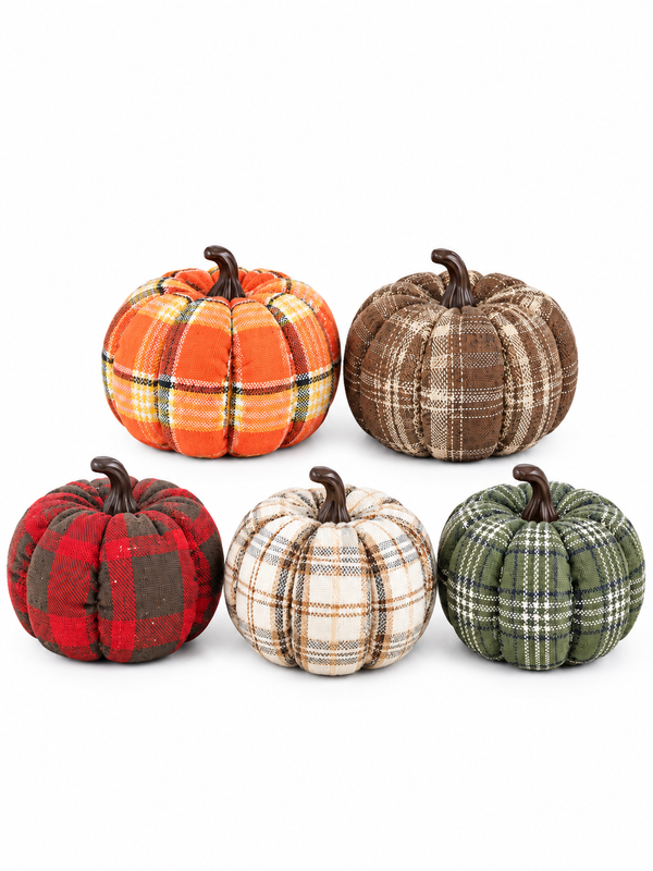 Fabric Plaid Harvest Pumpkins Set – Artificial Cloth Pumpkins with Resin Stems, Rustic Farmhouse Autumn & Thanksgiving Table Centerpiece Decor for Halloween